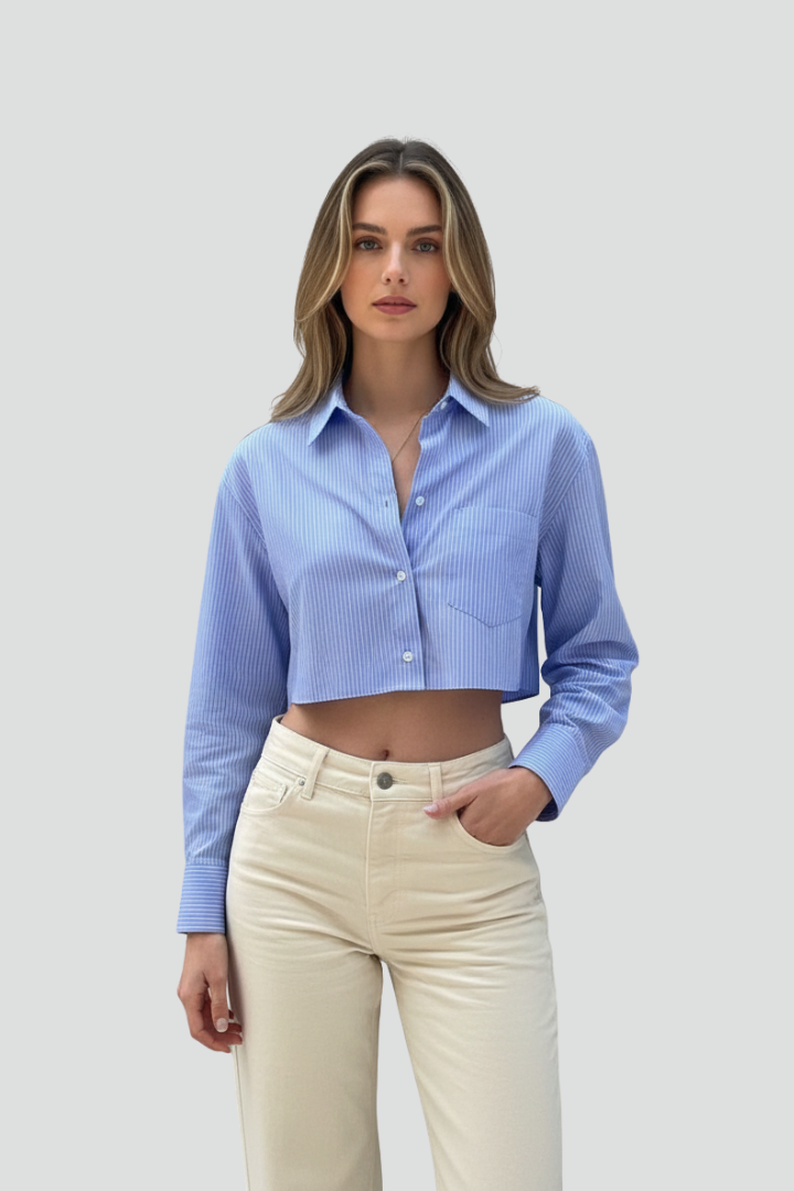 Elodie | Women’s Cropped Button-Up Shirt – Long Sleeve Collared Striped Blouse