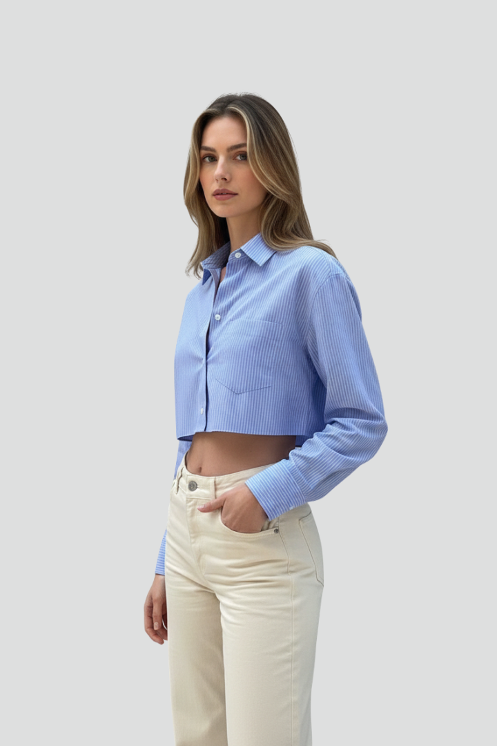 Elodie | Women’s Cropped Button-Up Shirt – Long Sleeve Collared Striped Blouse