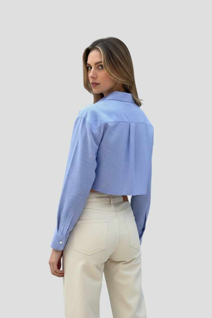 Elodie | Women’s Cropped Button-Up Shirt – Long Sleeve Collared Striped Blouse
