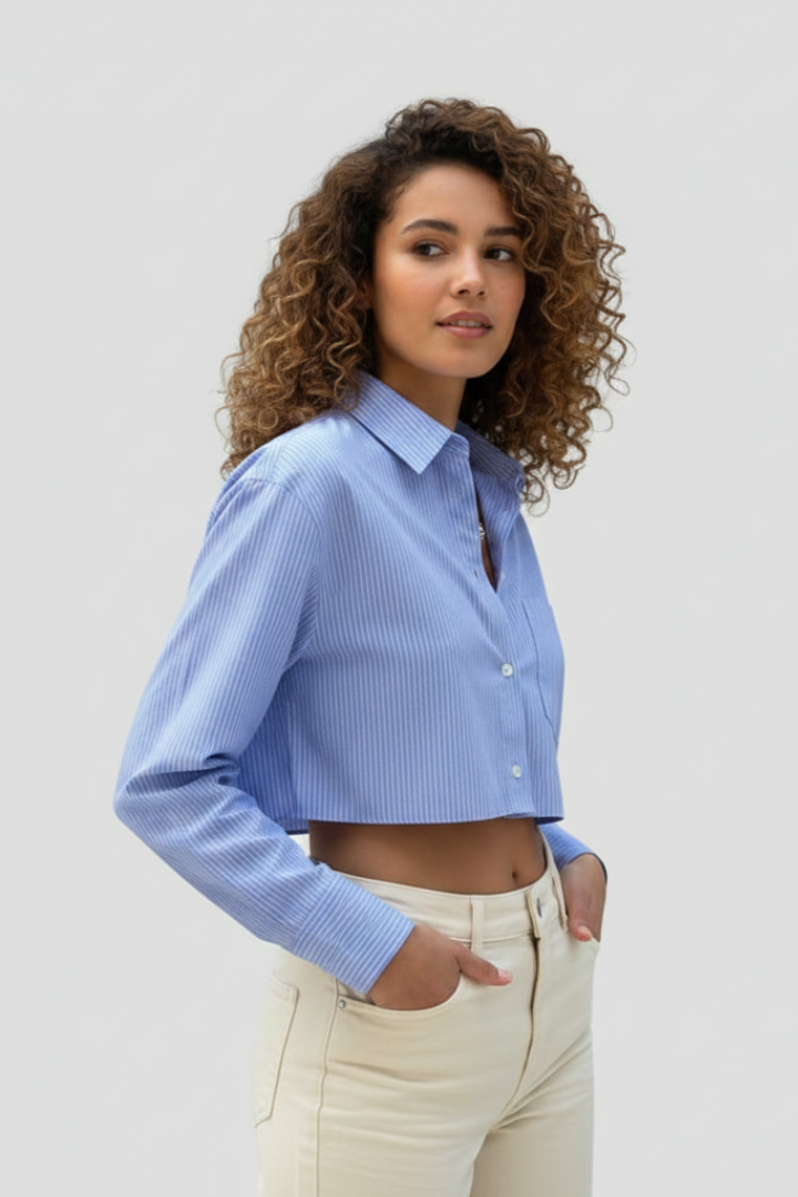 Elodie | Women’s Cropped Button-Up Shirt – Long Sleeve Collared Striped Blouse