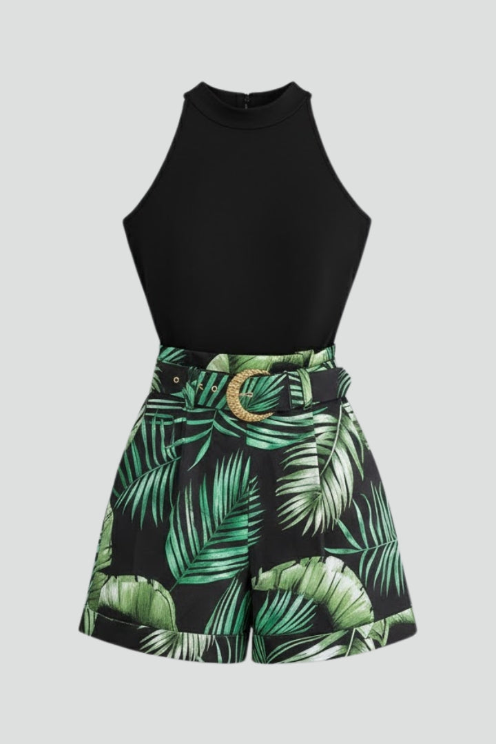 Elsa | Women’s 2-Piece Set – Tropical Print Sleeveless Top & High Waist Shorts, Co-Ord Set