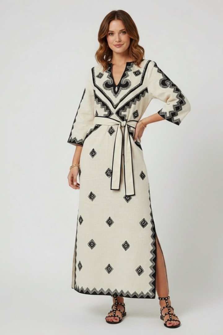 Elspeth | Women’s Embroidered Kaftan Dress - V-Neck, Adjustable Waist Tie, Summer Dress