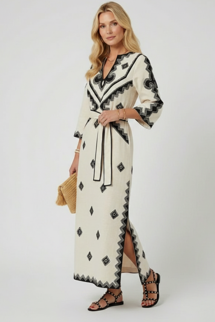 Elspeth | Women’s Embroidered Kaftan Dress - V-Neck, Adjustable Waist Tie, Summer Dress