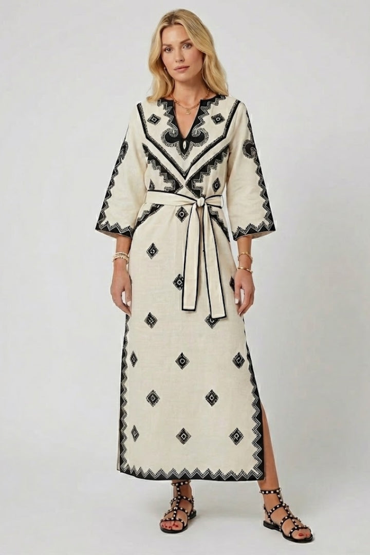 Elspeth | Women’s Embroidered Kaftan Dress - V-Neck, Adjustable Waist Tie, Summer Dress