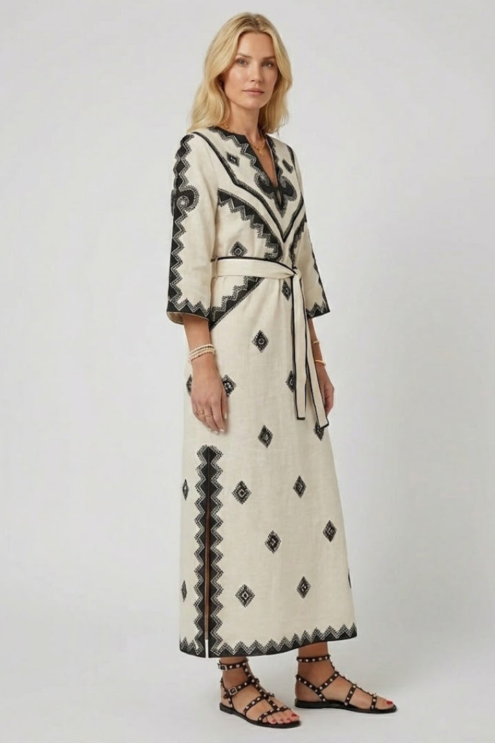 Elspeth | Women’s Embroidered Kaftan Dress - V-Neck, Adjustable Waist Tie, Summer Dress