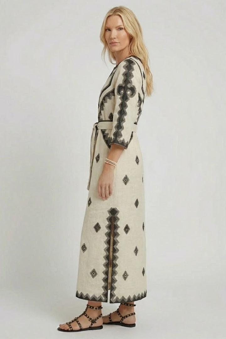 Elspeth | Women’s Embroidered Kaftan Dress - V-Neck, Adjustable Waist Tie, Summer Dress