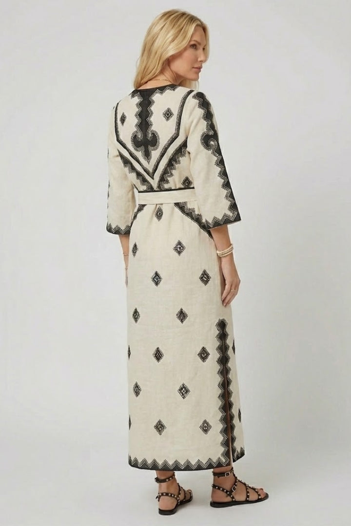 Elspeth | Women’s Embroidered Kaftan Dress - V-Neck, Adjustable Waist Tie, Summer Dress