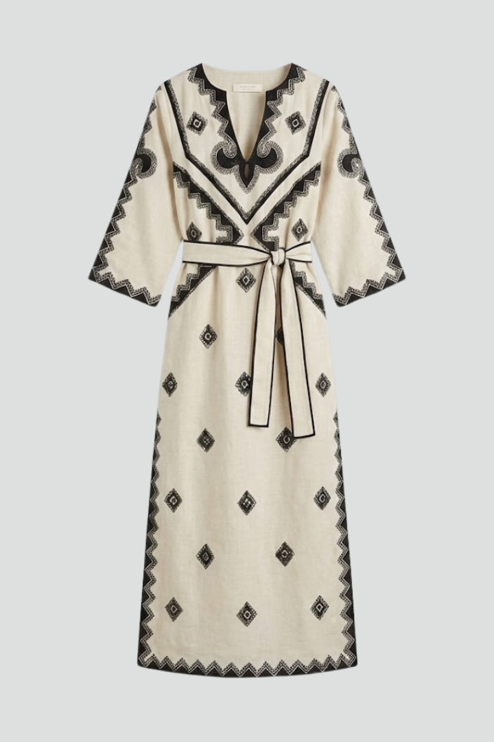 Elspeth | Women’s Embroidered Kaftan Dress - V-Neck, Adjustable Waist Tie, Summer Dress