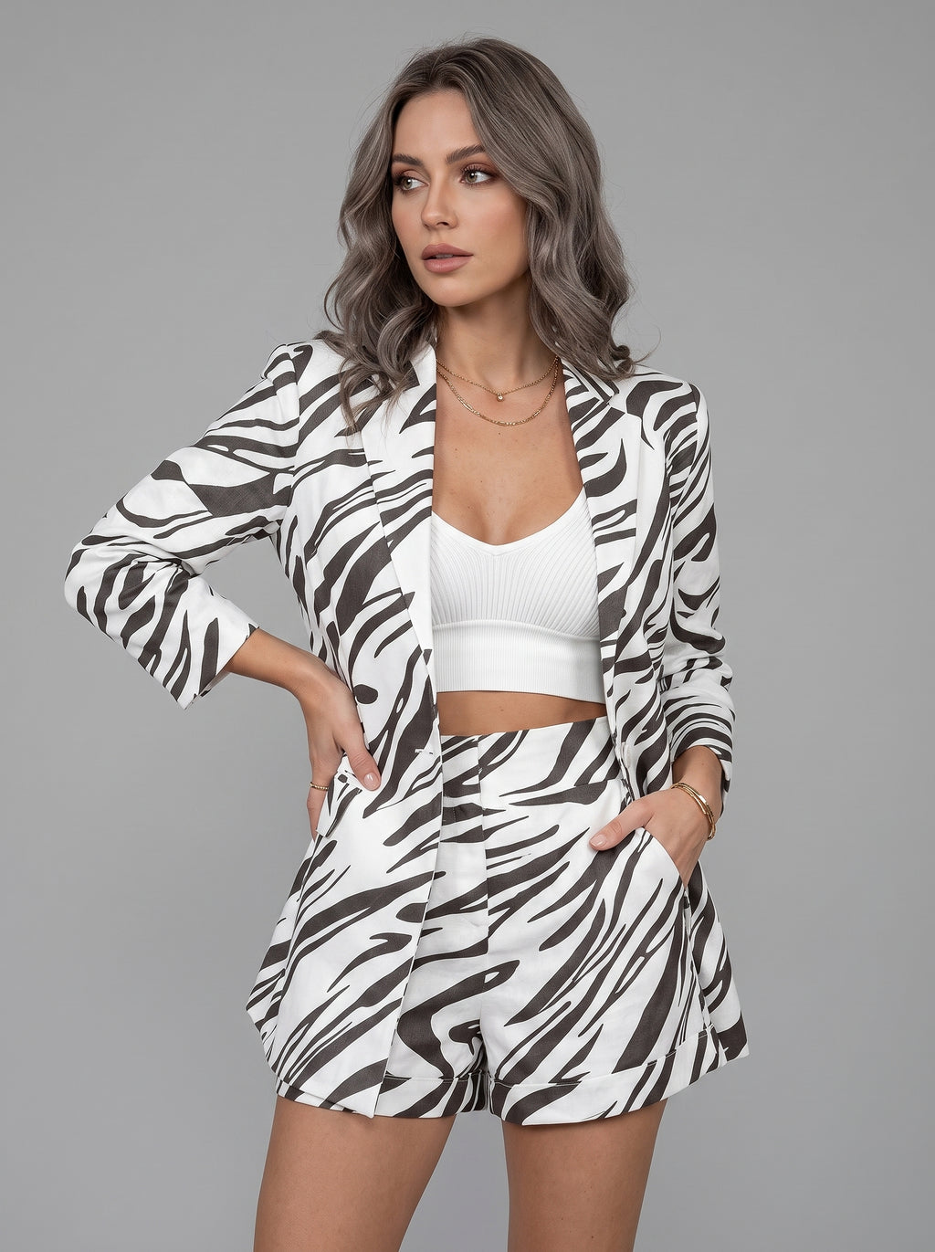 Elunis | Women's Matching Blazer & Shorts Set – Patterned Tailored Two-Piece Casual Suit