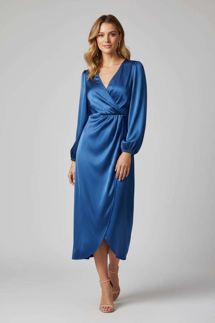 Enaia | Women Wrap Dress – Deep V-Neck Long Sleeve Midi Dress, Elegant Draped Fit Dress