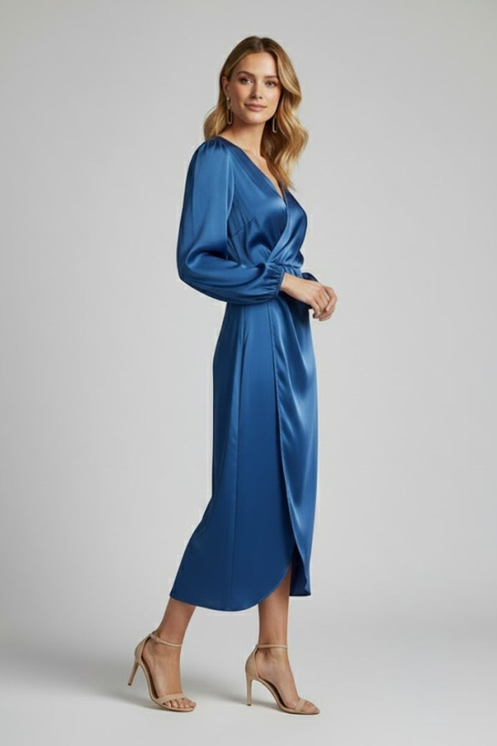 Enaia | Women Wrap Dress – Deep V-Neck Long Sleeve Midi Dress, Elegant Draped Fit Dress