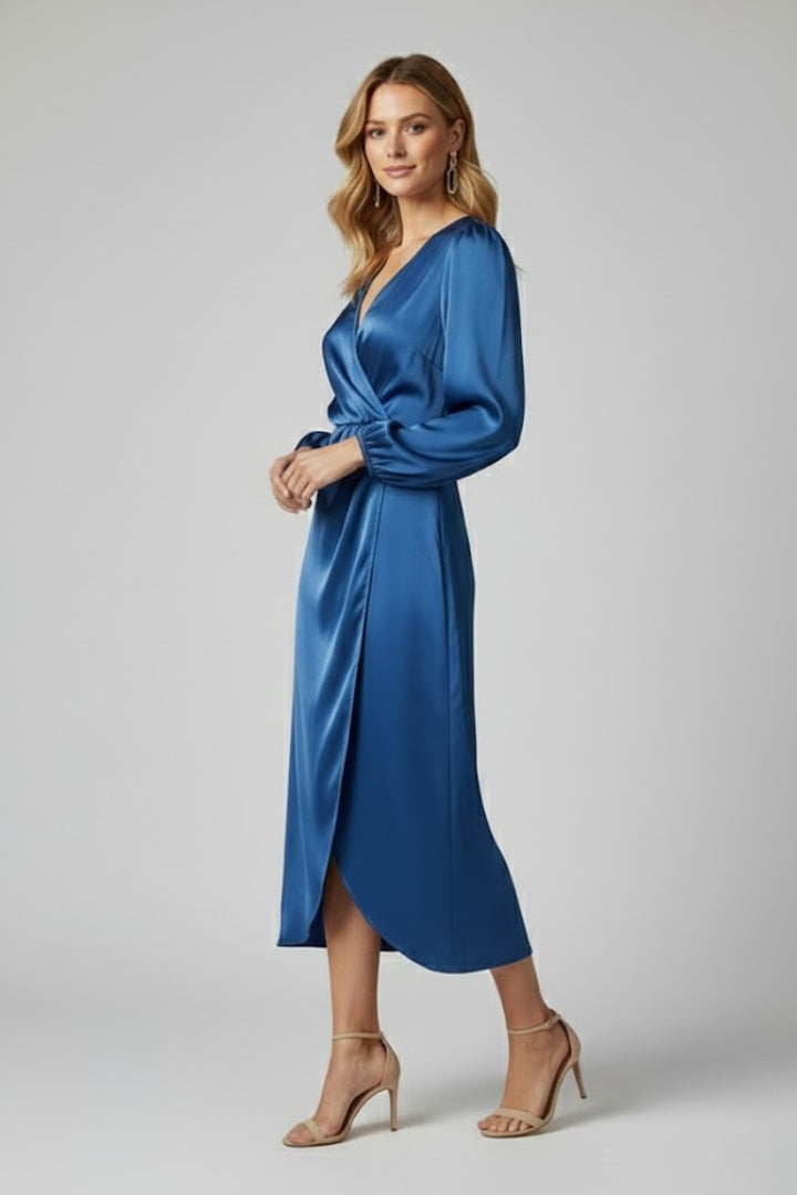 Enaia | Women Wrap Dress – Deep V-Neck Long Sleeve Midi Dress, Elegant Draped Fit Dress