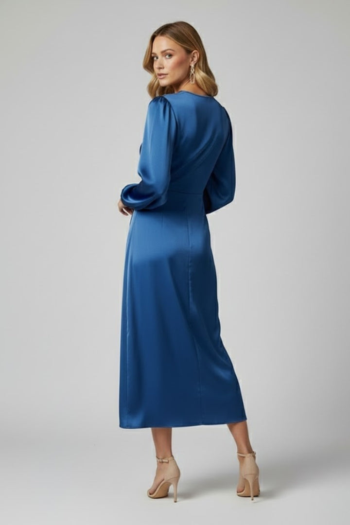 Enaia | Women Wrap Dress – Deep V-Neck Long Sleeve Midi Dress, Elegant Draped Fit Dress