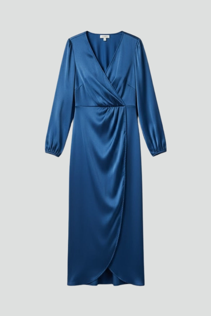 Enaia | Women Wrap Dress – Deep V-Neck Long Sleeve Midi Dress, Elegant Draped Fit Dress