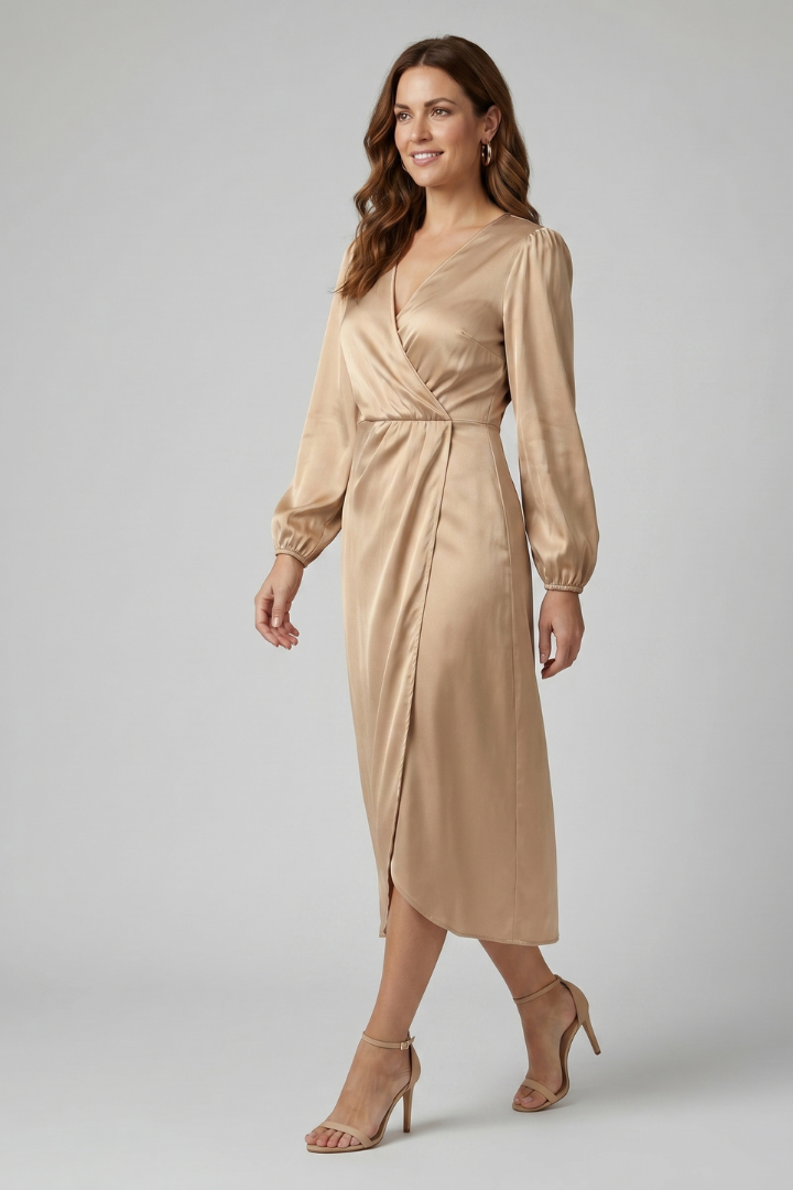 Enaia | Women Wrap Dress – Deep V-Neck Long Sleeve Midi Dress, Elegant Draped Fit Dress