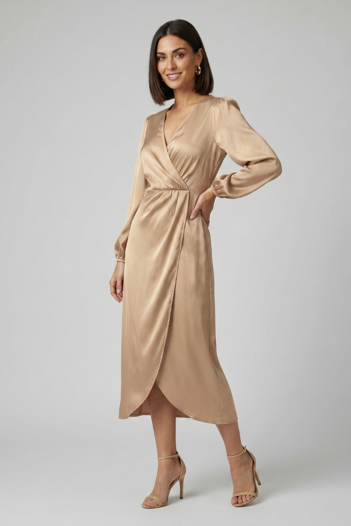 Enaia | Women Wrap Dress – Deep V-Neck Long Sleeve Midi Dress, Elegant Draped Fit Dress