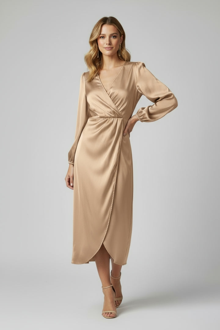 Enaia | Women Wrap Dress – Deep V-Neck Long Sleeve Midi Dress, Elegant Draped Fit Dress