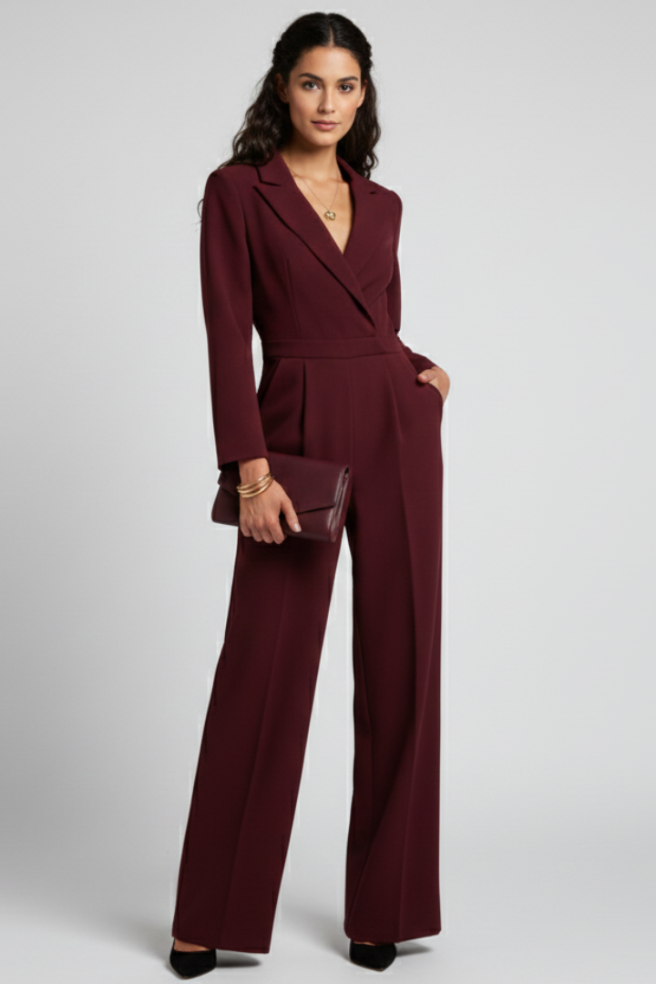 Enya | Women’s Elegant Wrap Jumpsuit – Women’s V Neck Wide Leg Long Sleeve Jumpsuit