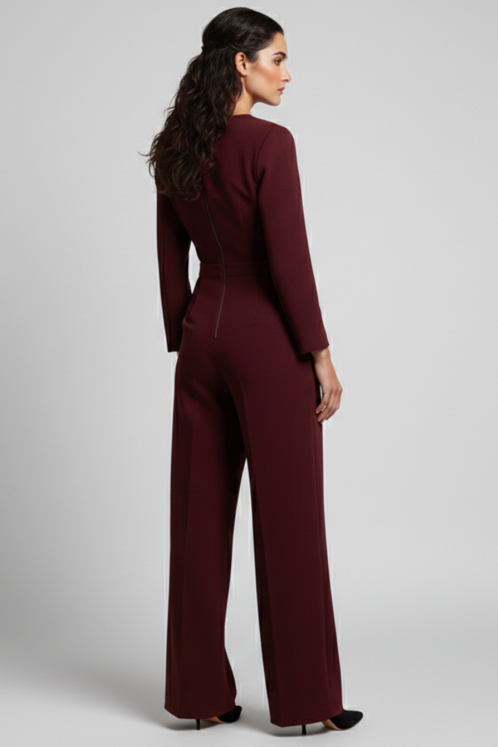 Enya | Women’s Elegant Wrap Jumpsuit – Women’s V Neck Wide Leg Long Sleeve Jumpsuit