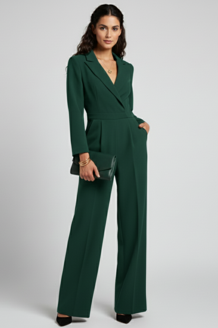 Enya | Women’s Elegant Wrap Jumpsuit – Women’s V Neck Wide Leg Long Sleeve Jumpsuit