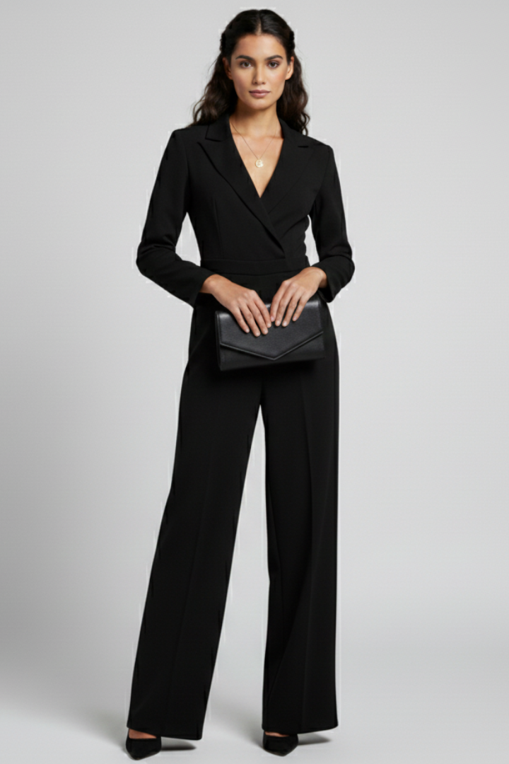 Enya | Women’s Elegant Wrap Jumpsuit – Women’s V Neck Wide Leg Long Sleeve Jumpsuit