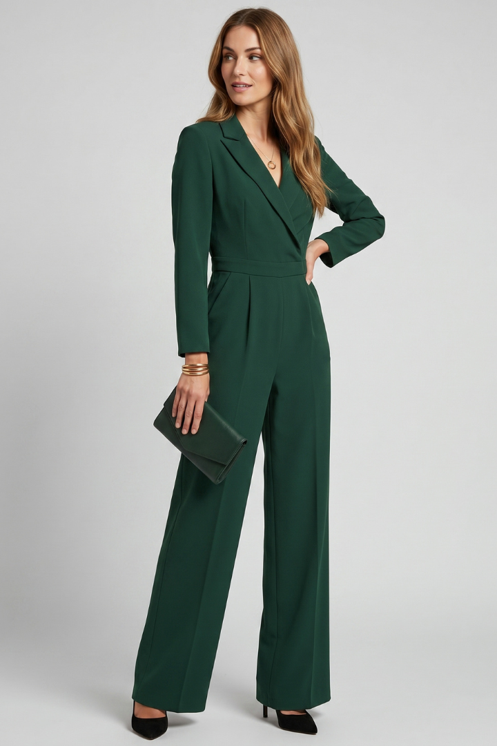 Enya | Women’s Elegant Wrap Jumpsuit – Women’s V Neck Wide Leg Long Sleeve Jumpsuit