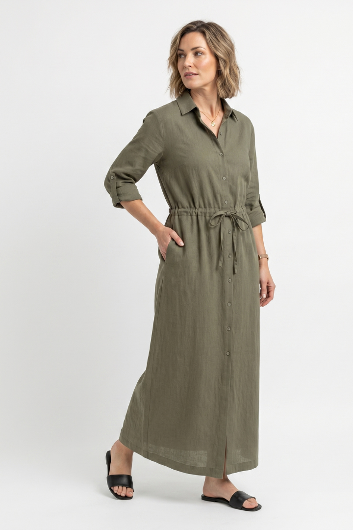 Eryna | Women’s Long Sleeve Maxi Shirt Dress – Button-Up Collar, Adjustable Drawstring Waist