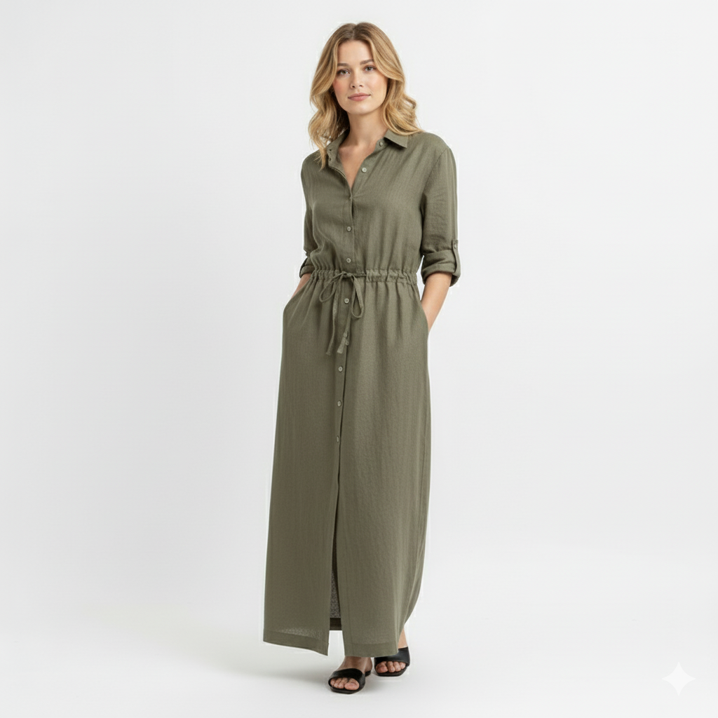 Eryna | Women’s Long Sleeve Maxi Shirt Dress – Button-Up Collar, Adjustable Drawstring Waist