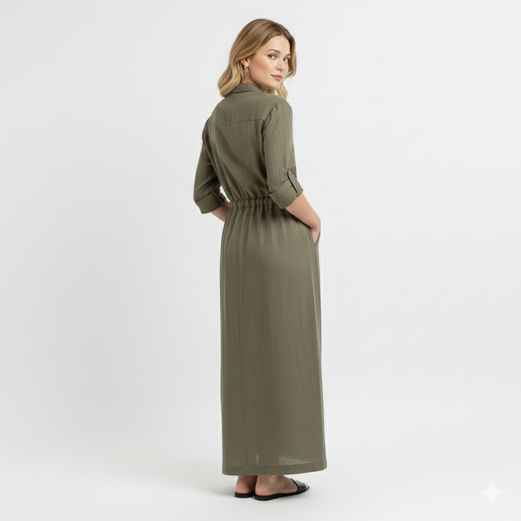 Eryna | Women’s Long Sleeve Maxi Shirt Dress – Button-Up Collar, Adjustable Drawstring Waist