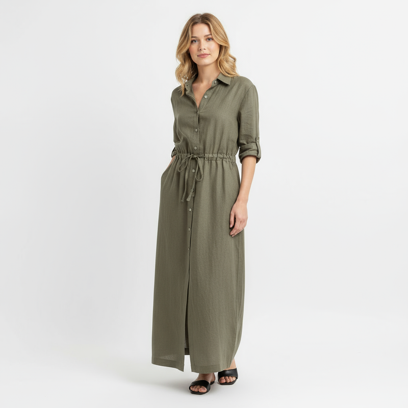 Eryna | Women’s Long Sleeve Maxi Shirt Dress – Button-Up Collar, Adjustable Drawstring Waist