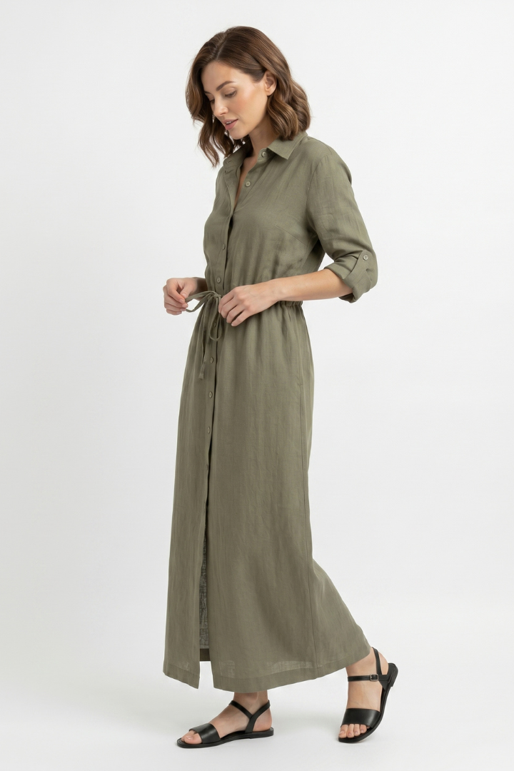 Eryna | Women’s Long Sleeve Maxi Shirt Dress – Button-Up Collar, Adjustable Drawstring Waist