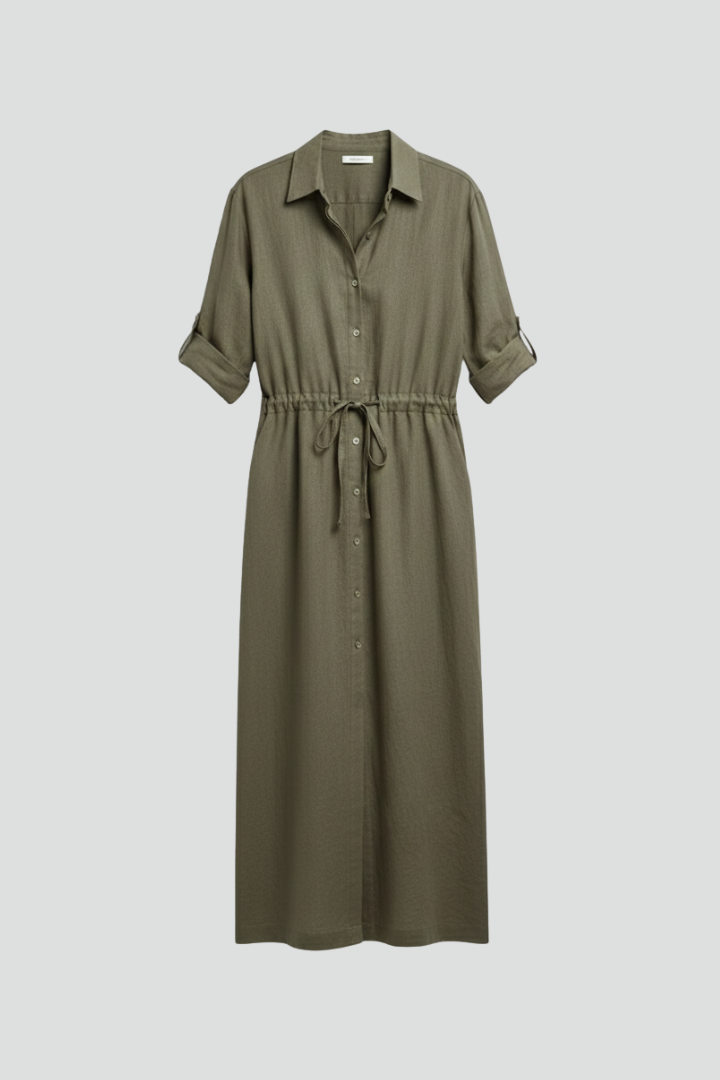 Eryna | Women’s Long Sleeve Maxi Shirt Dress – Button-Up Collar, Adjustable Drawstring Waist