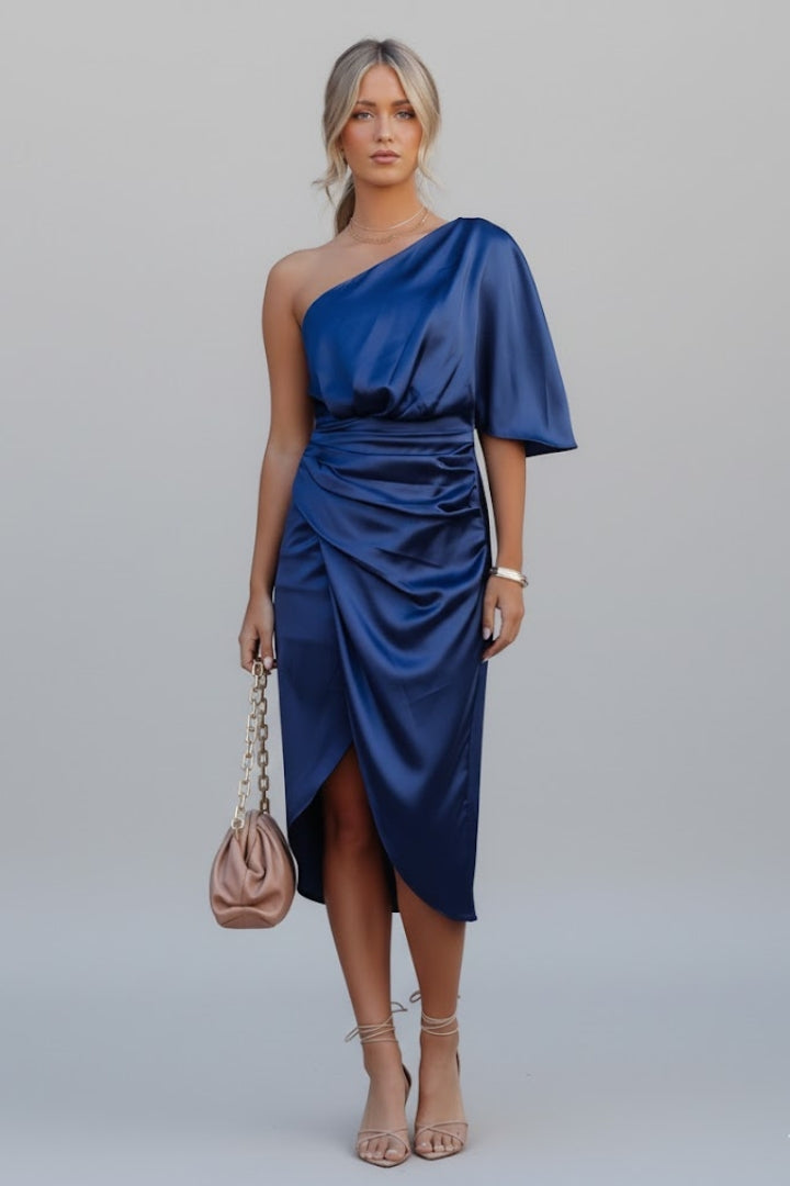 Eryndra | Women’s Asymmetrical One Shoulder Midi Dress – Draped Waist Party Dress