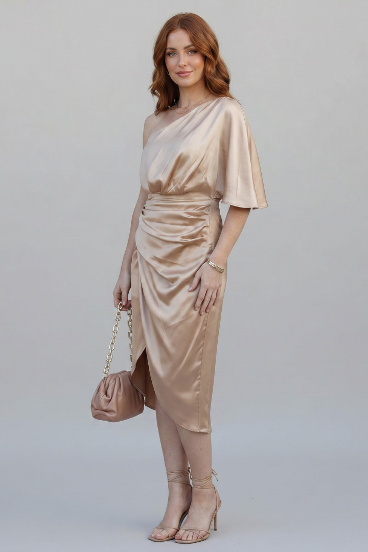 Eryndra | Women’s Asymmetrical One Shoulder Midi Dress – Draped Waist Party Dress