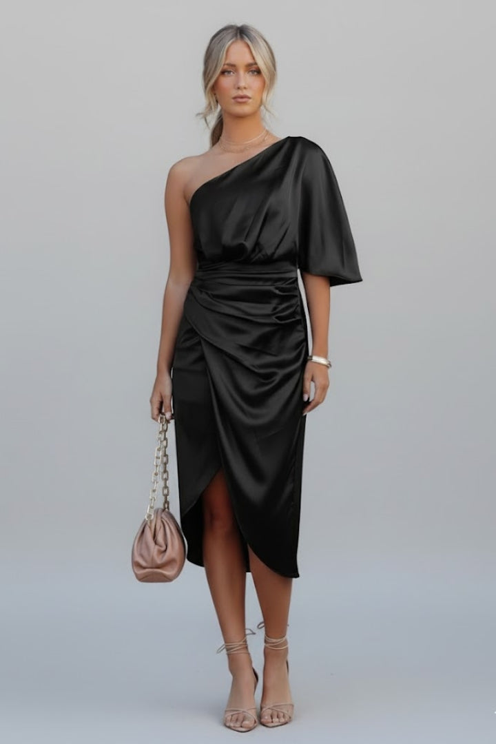 Eryndra | Women’s Asymmetrical One Shoulder Midi Dress – Draped Waist Party Dress