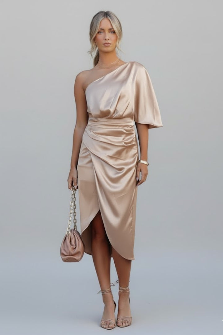 Eryndra | Women’s Asymmetrical One Shoulder Midi Dress – Draped Waist Party Dress