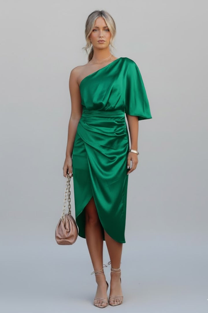 Eryndra | Women’s Asymmetrical One Shoulder Midi Dress – Draped Waist Party Dress