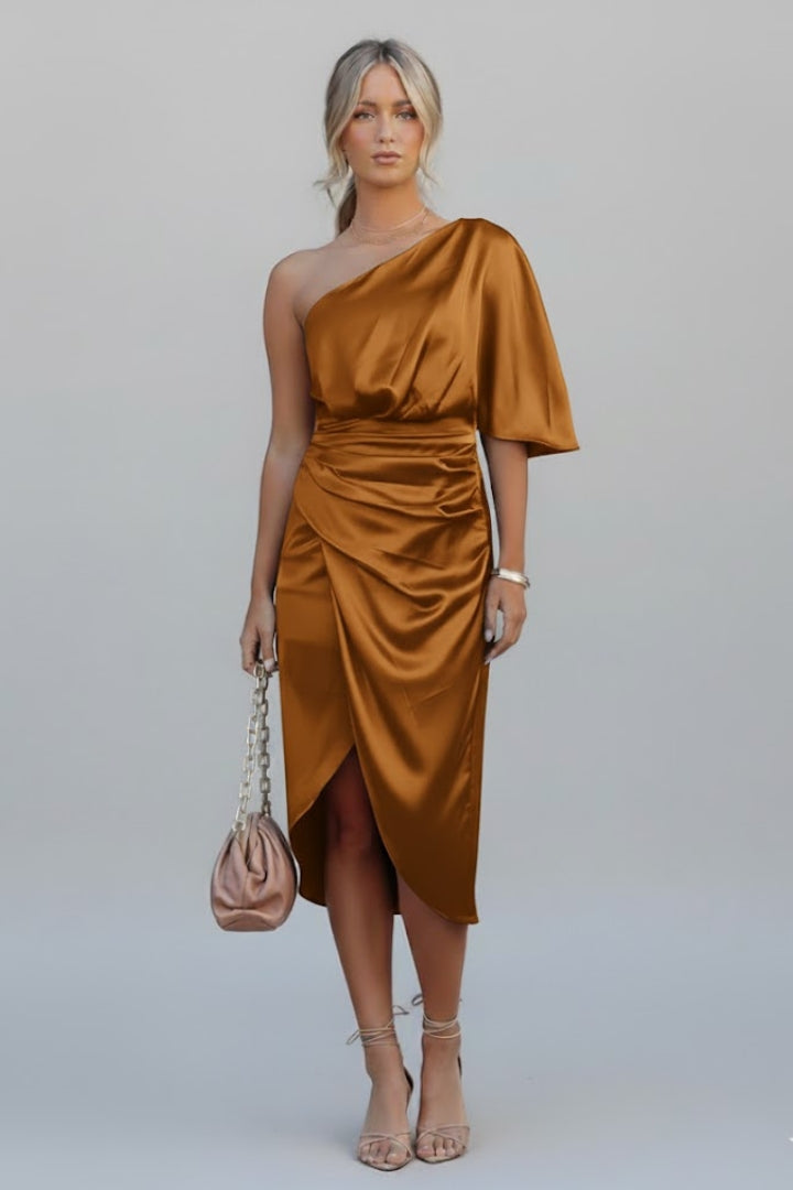 Eryndra | Women’s Asymmetrical One Shoulder Midi Dress – Draped Waist Party Dress