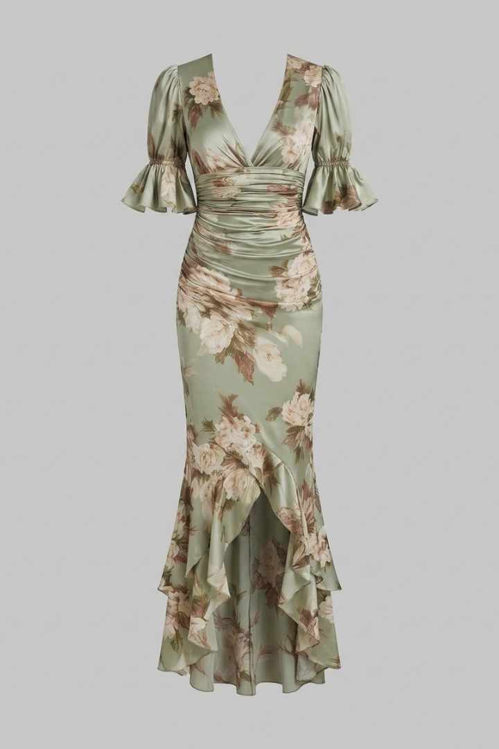 Estella | Women's Elegant Satin Dress – Floral Print V Neck Maxi Dress