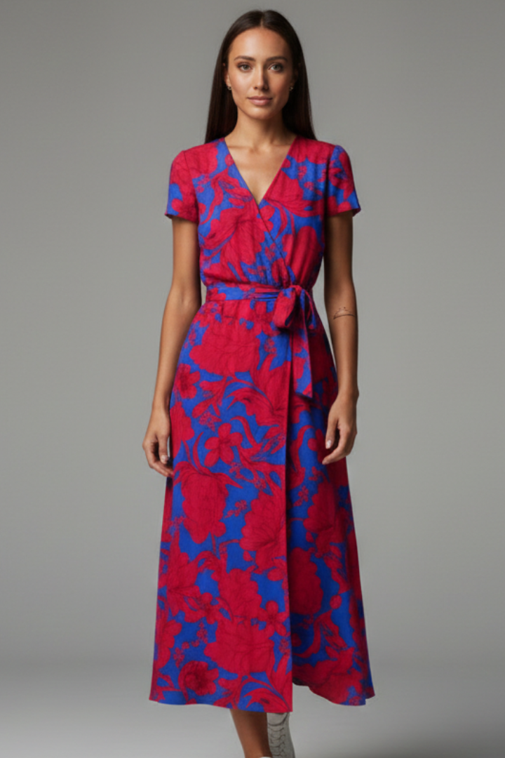 Estelle | Women’s Wrap-Style Dress – V-Neck Short Sleeve Printed Dress with Front Slit