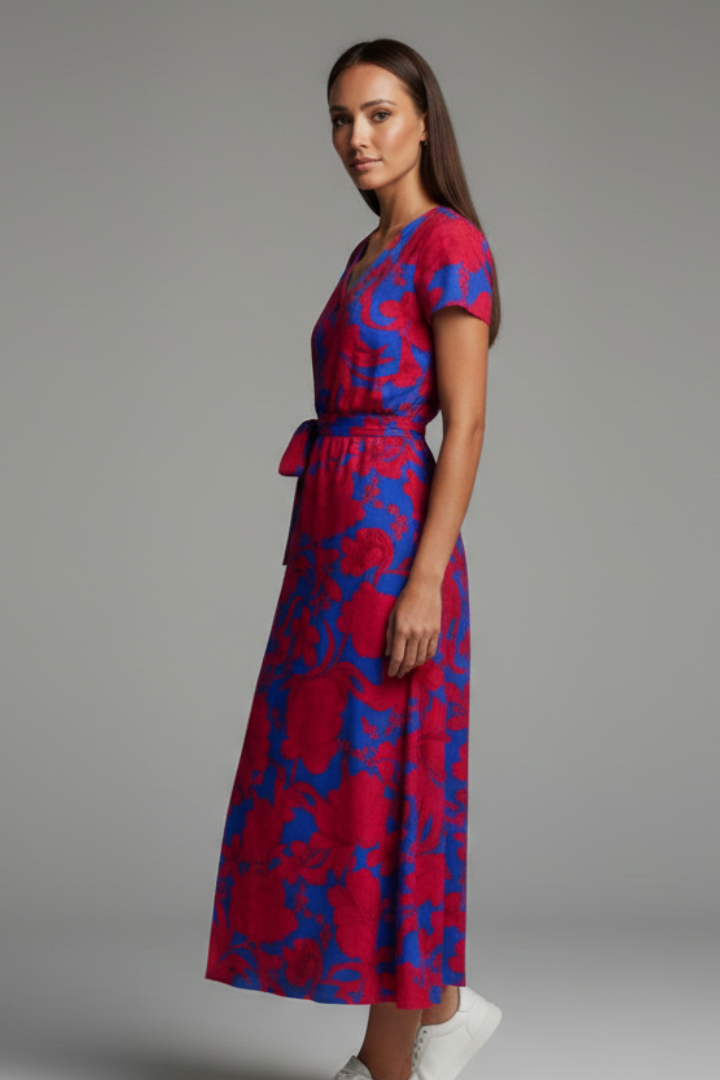 Estelle | Women’s Wrap-Style Dress – V-Neck Short Sleeve Printed Dress with Front Slit