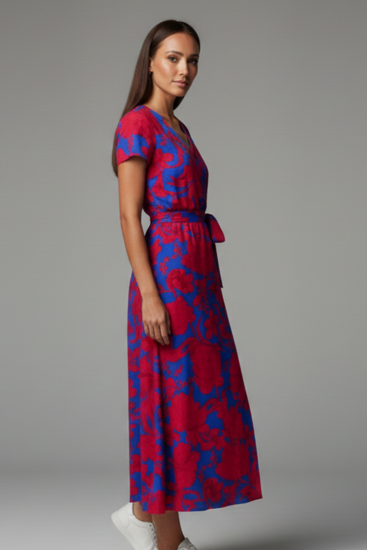 Estelle | Women’s Wrap-Style Dress – V-Neck Short Sleeve Printed Dress with Front Slit