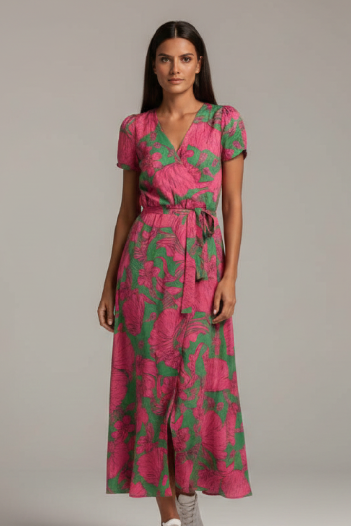 Estelle | Women’s Wrap-Style Dress – V-Neck Short Sleeve Printed Dress with Front Slit