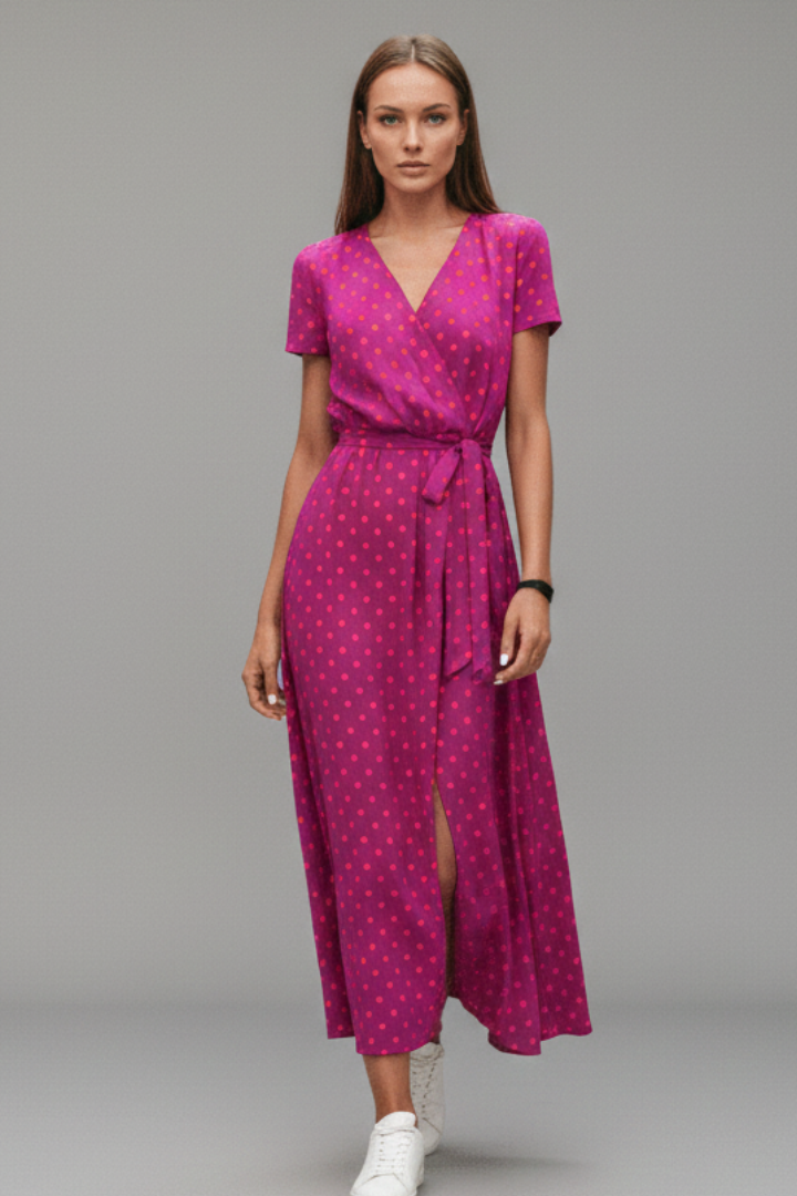 Estelle | Women’s Wrap-Style Dress – V-Neck Short Sleeve Printed Dress with Front Slit