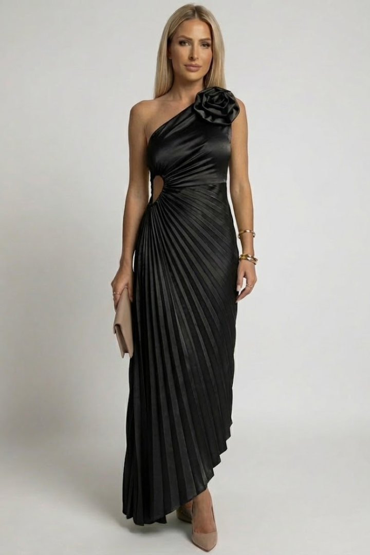 Evania | Women’s One-Shoulder Maxi Dress – Pleated Formal Evening Dress, Fitted Waist