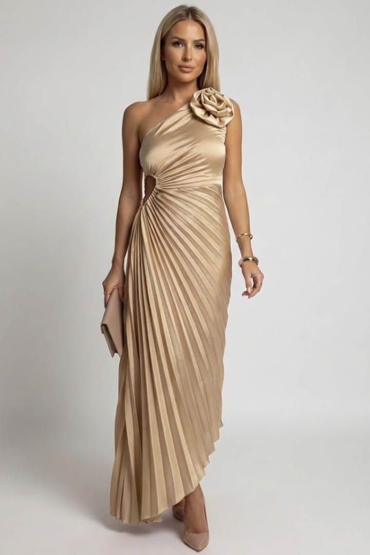 Evania | Women’s One-Shoulder Maxi Dress – Pleated Formal Evening Dress, Fitted Waist