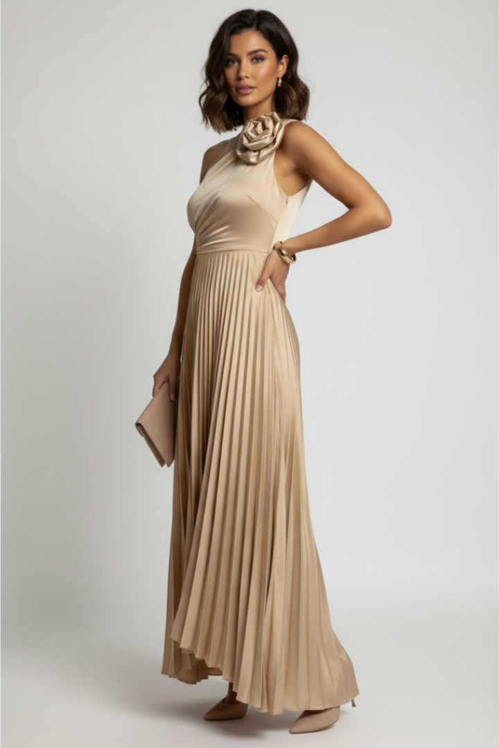 Evania | Women’s One-Shoulder Maxi Dress – Pleated Formal Evening Dress, Fitted Waist