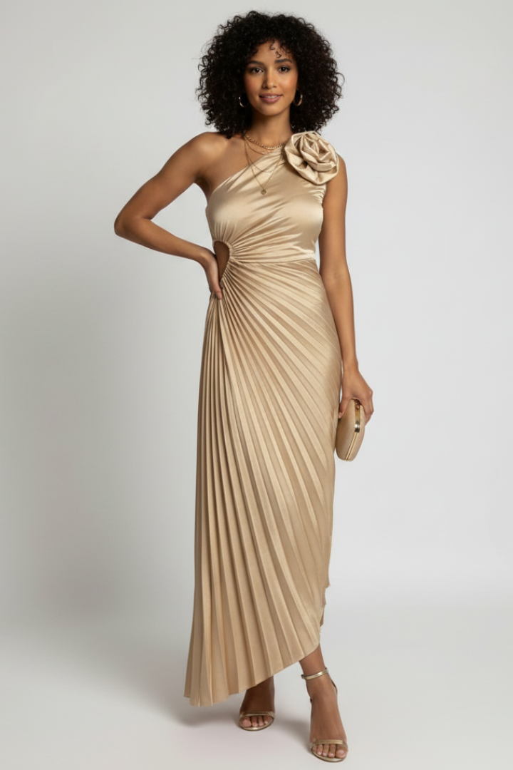 Evania | Women’s One-Shoulder Maxi Dress – Pleated Formal Evening Dress, Fitted Waist