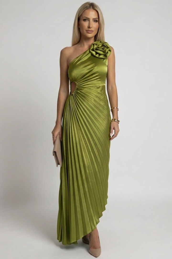 Evania | Women’s One-Shoulder Maxi Dress – Pleated Formal Evening Dress, Fitted Waist