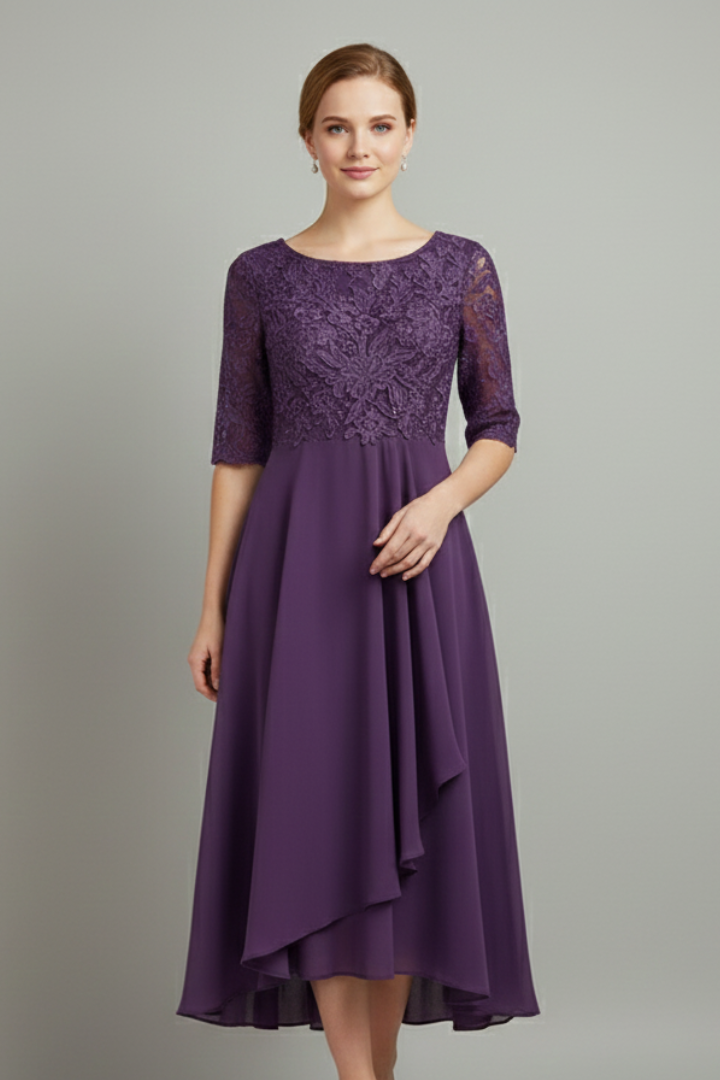 Evelia | Women’s Fit & Flare Dress – Elegant Round Neck Short Sleeve Midi Dress